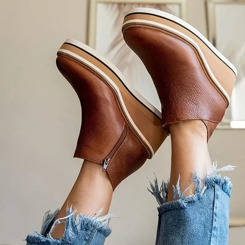 Wedges Women's Ankle Platform Booties Comfortable Zipper Leather Shoes