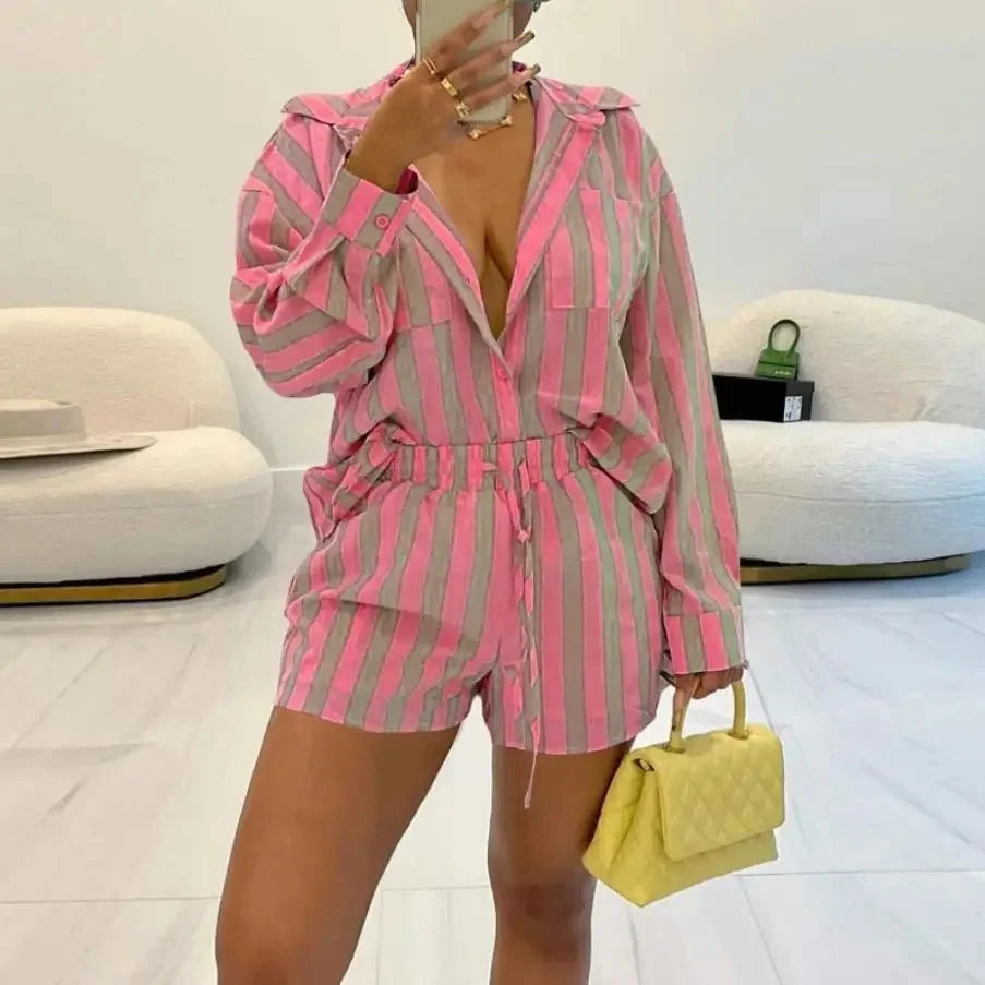 Fashionable Striped Two-Piece Loose-Fit Shorts And Shirt European Style. S-4X