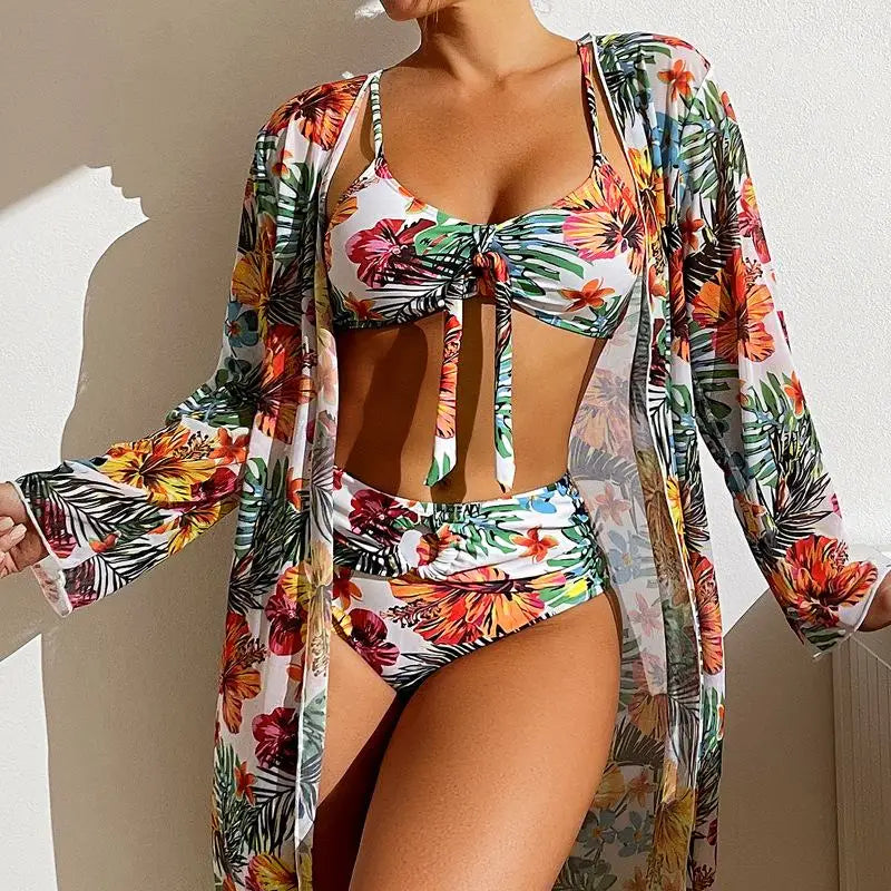 Three Piece Floral Printed Women's Bikini Set Wireless Bra with Pads Swimwear. S-3x