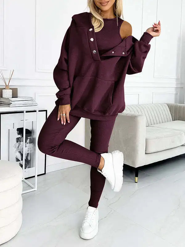 Women Hooded Long-sleeve Pocket Pullover 3-piece Hoodie Vest Pants Set Soft Thick Warm Sweatsuit . Sz: S-3X