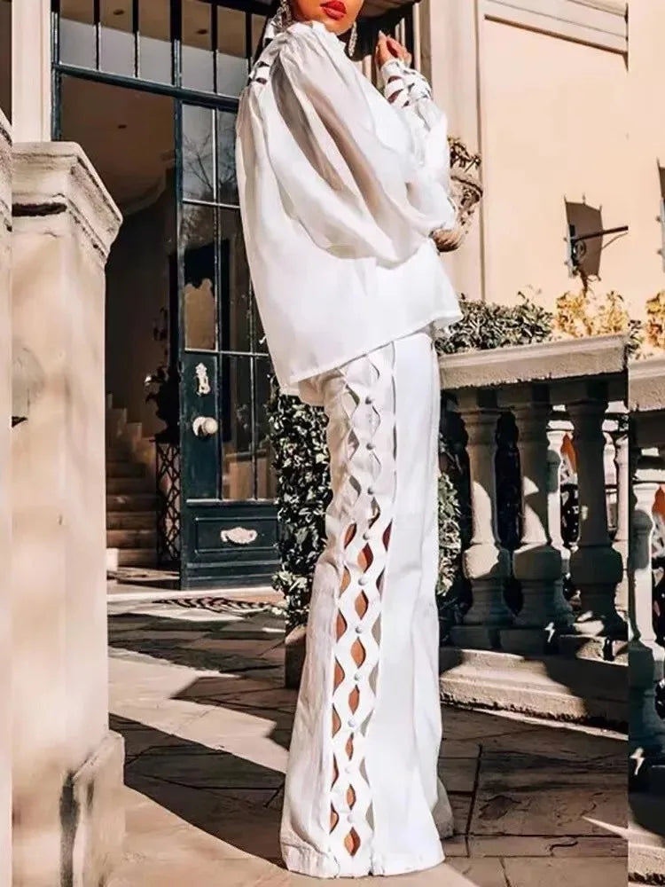 2 Piece Women's Sexy Wide Leg Pant Suit With Soft Full Sleeve. size S-5xl