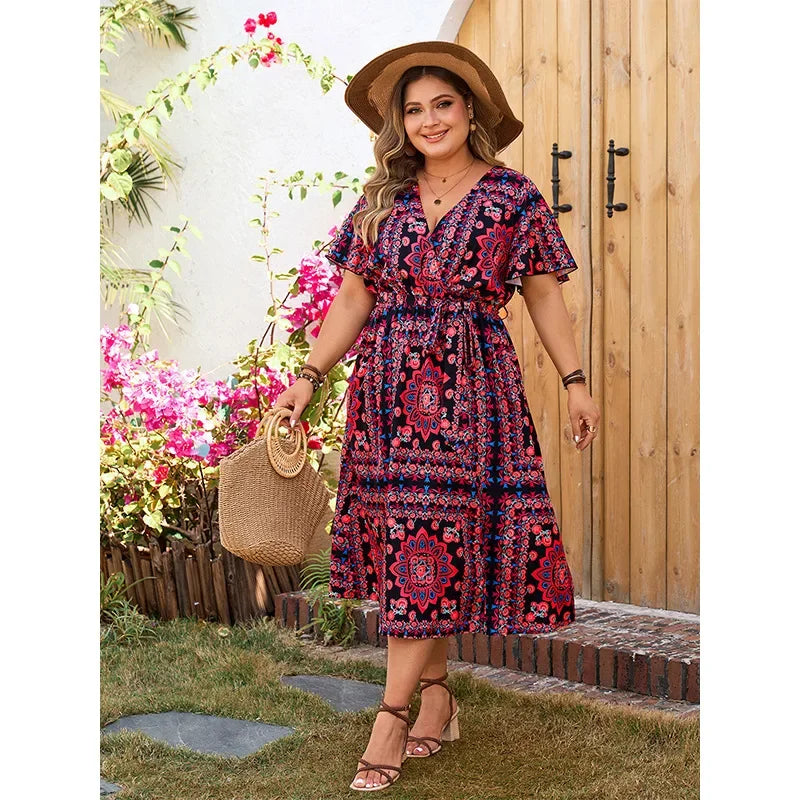 Plus Loose Floral Print Dress Elegant Comfortable Casual V-Neck Dress