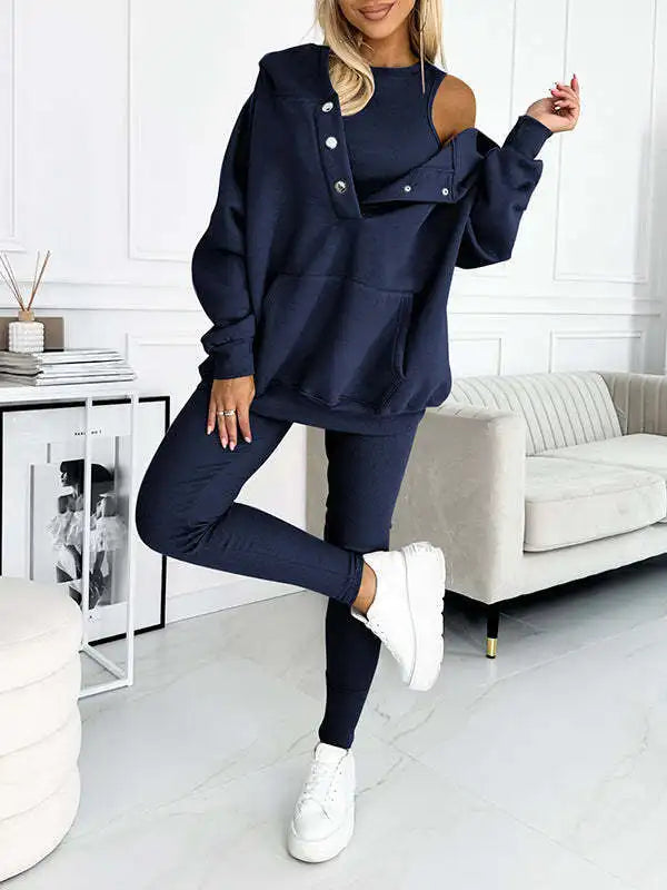 Women Hooded Long-sleeve Pocket Pullover 3-piece Hoodie Vest Pants Set Soft Thick Warm Sweatsuit . Sz: S-3X