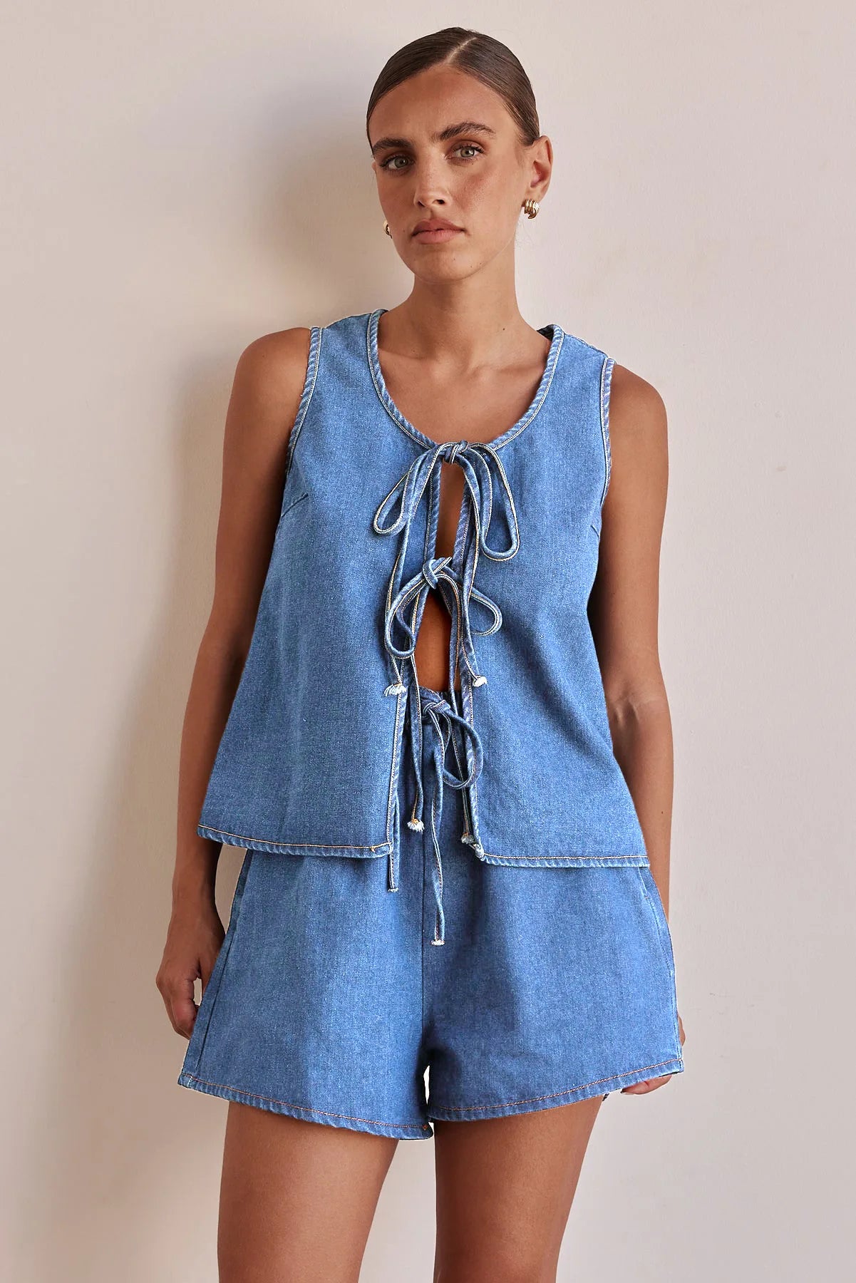 Denim 2 Piece Casual 2025 Sleeveless Tank Top Lace Up High Waist Shorts Suit. S-XXL