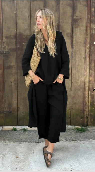 New Women's Pocket V-neck 2-piece Set Solid Loose Casual Women's Clothing Fashion Elegant Two Piece Outfits Woman. S-3X