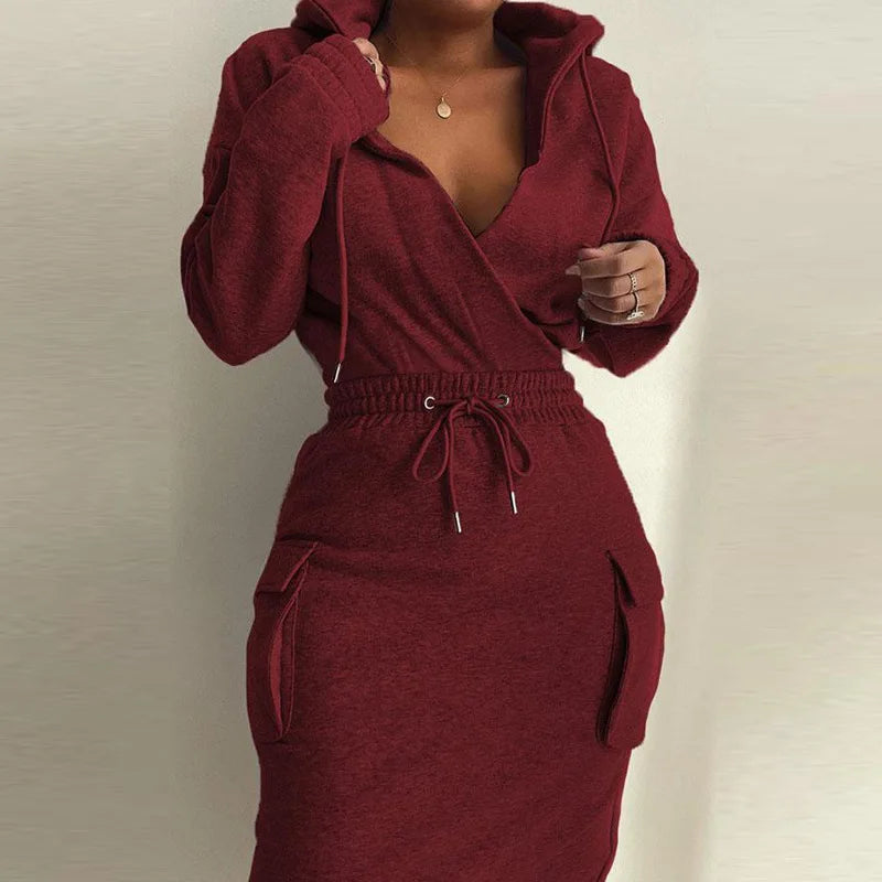 Women's Two Piece Summer Solid Colour Hooded V-neck Top Drawstring waist Dress Set. S-3XL