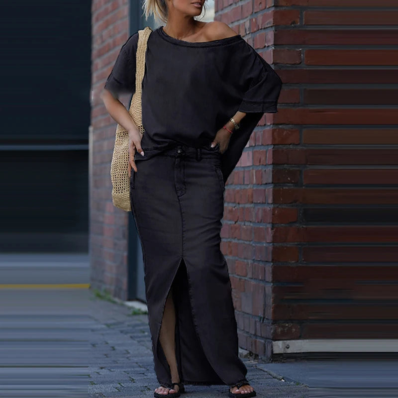New Women's Two Piece Set Skew Collar Hollow Out Top Pullover & Split Skirt Outfit Simple Solid Outfit.