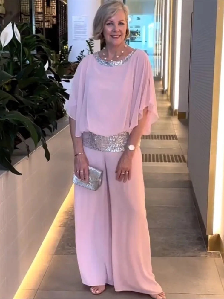 Fashion Sequin Splicing Chiffon Bat Wing Short Sleeved Blouse Wide Leg Pants Elegant 2 Piece Set. S-3xL