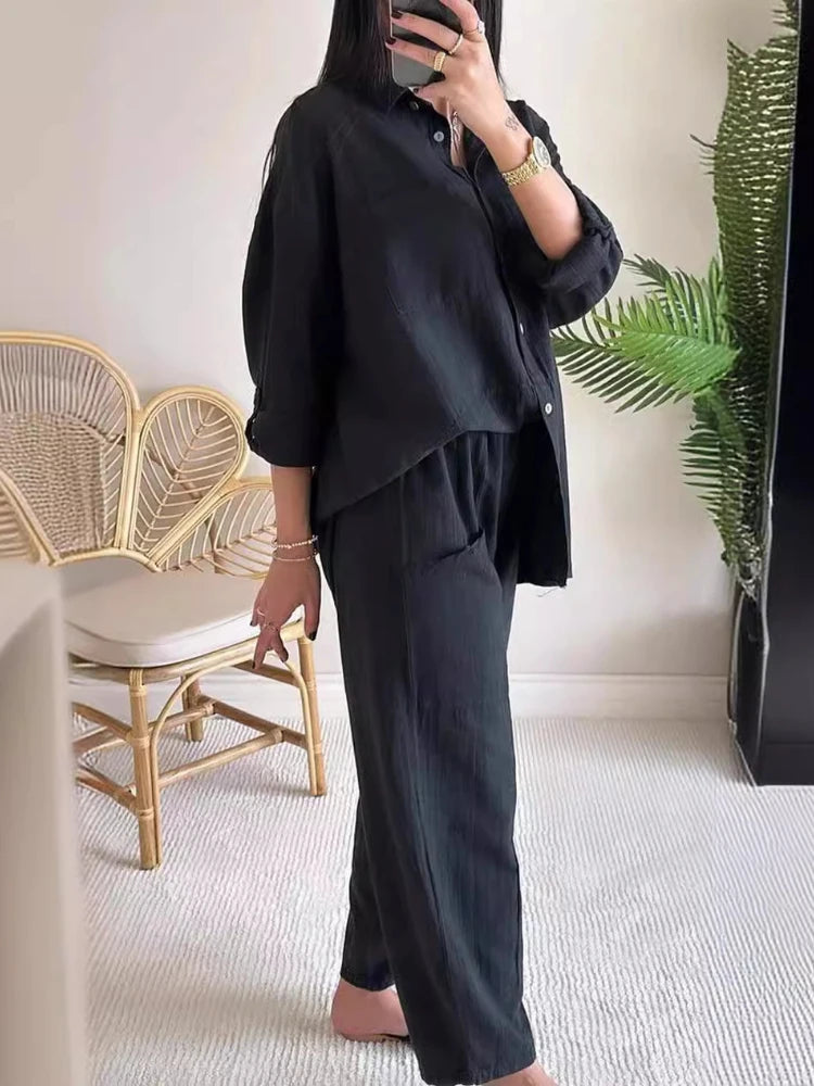 Women's Elegant Cotton Hemp Single Breasted Loose Fit Wide Leg Pants Two Piece Set. Sz: S-xxL