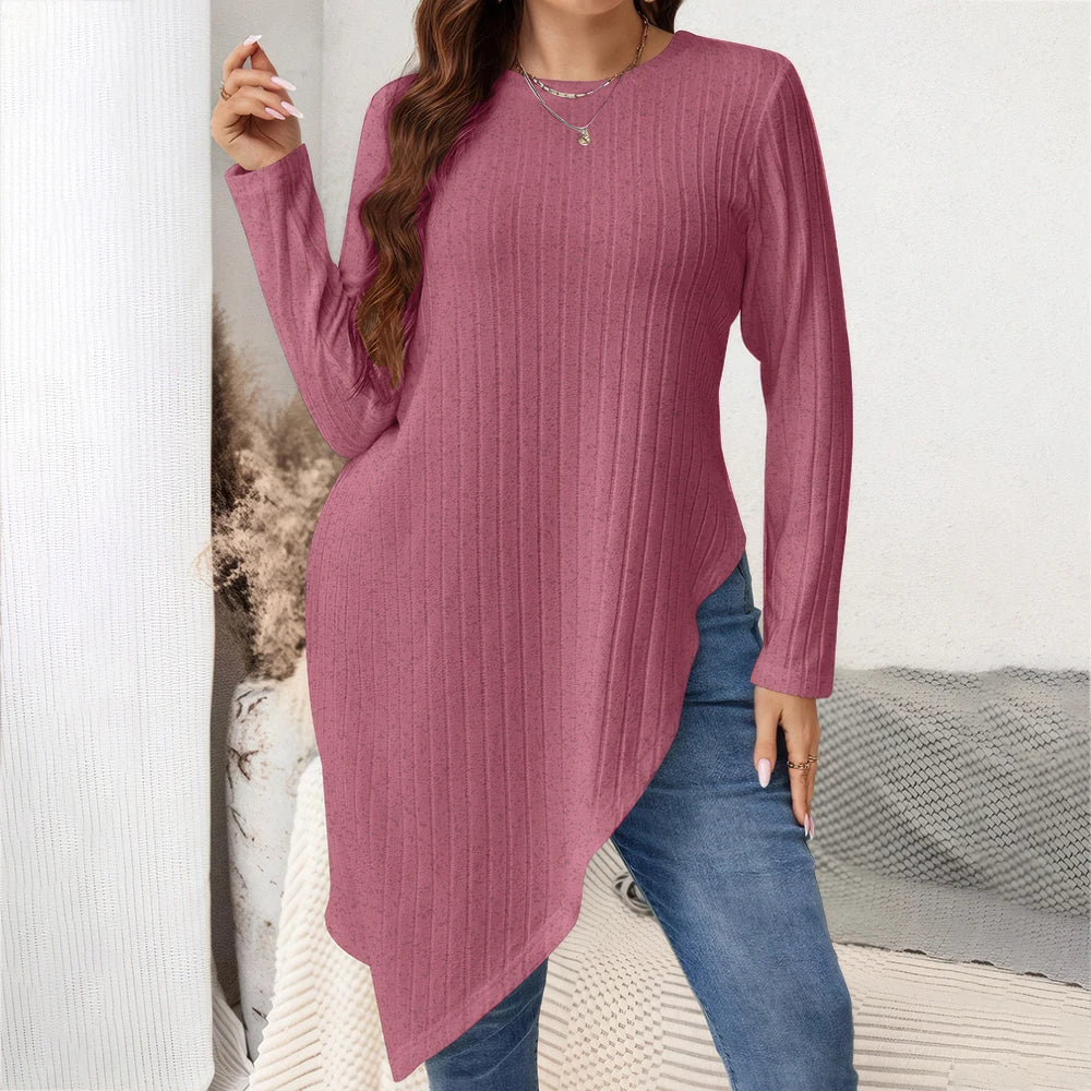 Women's Irregular Hem Ribbed Knit Top Blouses Plus Size Winter Long Sleeve Round Neck Long T-shirts Streetwear Pullovers Clothes