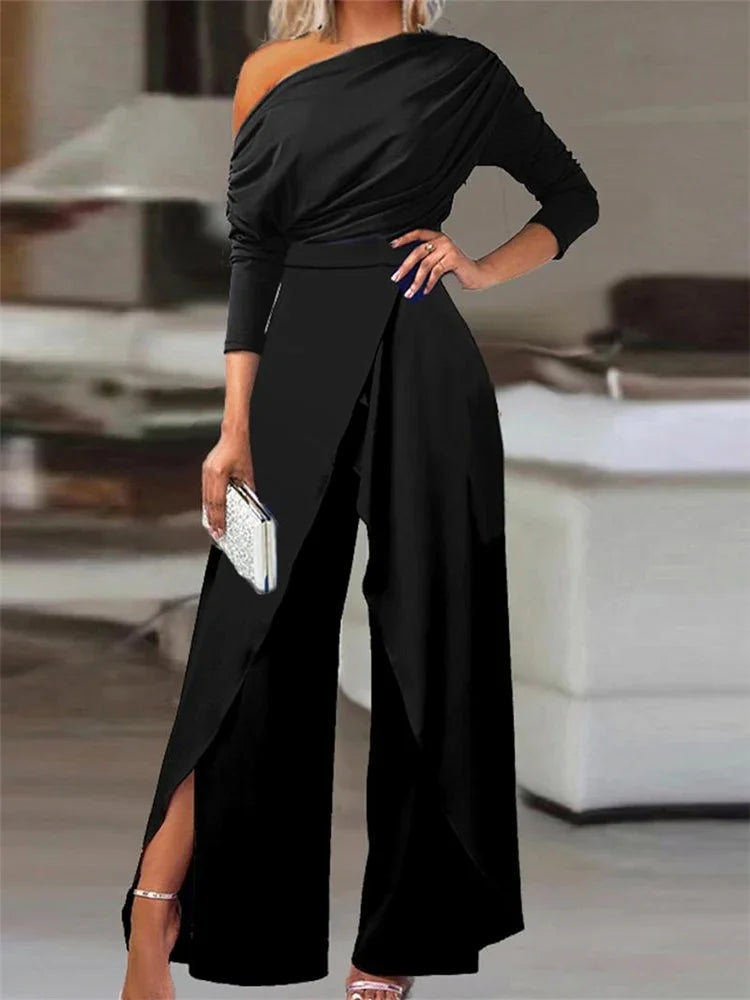 2025 Spring Jumpsuit Plain Elegant Loose Ruched One Shoulder Split Hem Wide Leg Jumpsuit. S-XL