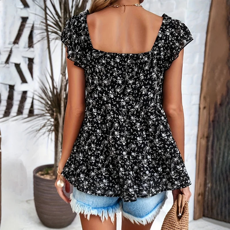 Plus Size Women's Shirts, Floral Print Square Collar Layered Shirts, Loose Fit, Suitable for Every Occasion.