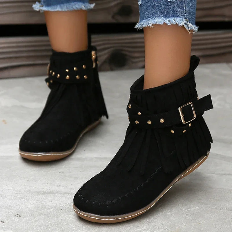 Bohemian Style Tassel Faux Suede Buckle Strap Short Boot.
