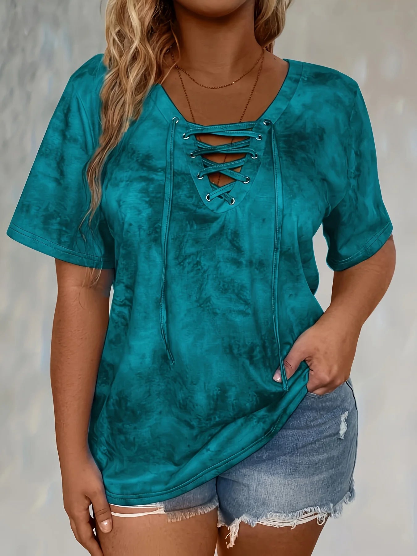 Plus size tie-dye printed short-sleeved T-shirt elegant lace-up design casual style