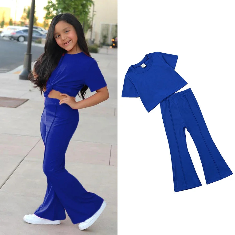 2025 Summer Girl Bell Bottom Outfits 2pcs Solid Cotton T-shirt Pants Suit For Children Teenage Girls Fashion Tracksuit Clothes