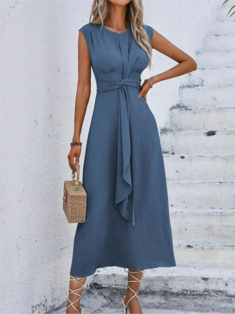 Women's Summer Solid Color Waistband Long Sleeveless Slim Elegant Dress 2025. S-2X