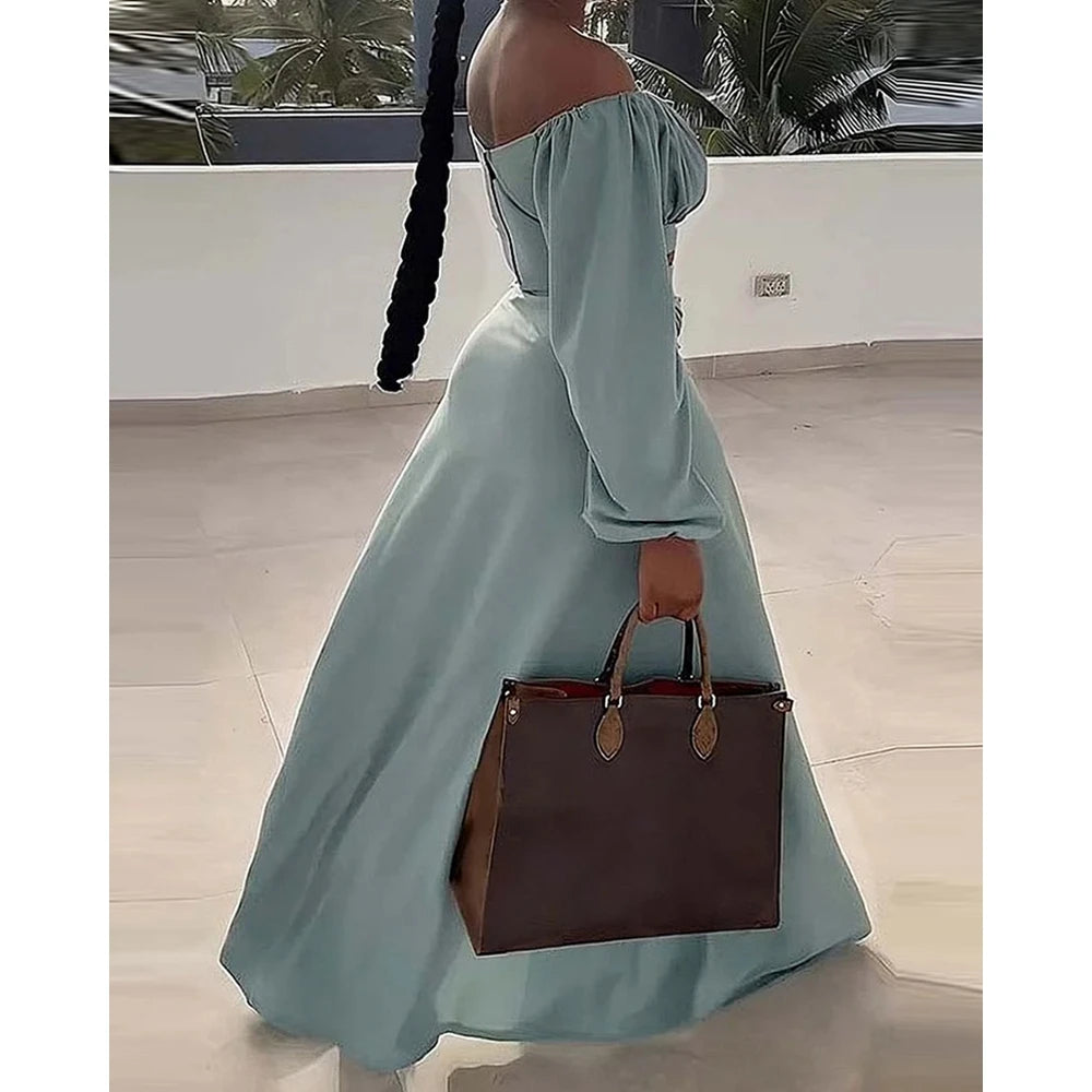 Women Ruched Lantern Long Sleeve Off Shoulder Crop Top & High Waist Side Slit Maxi Skirt Set Solid Two Pieces Outfit. S-3xl