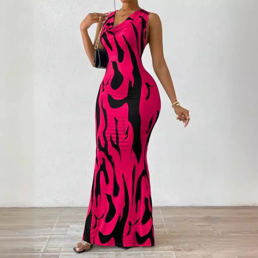Women Print Dress Sleeveless Slim Fit Long Dress Midi Waist Elegant Lady Summer Dress. S-2X