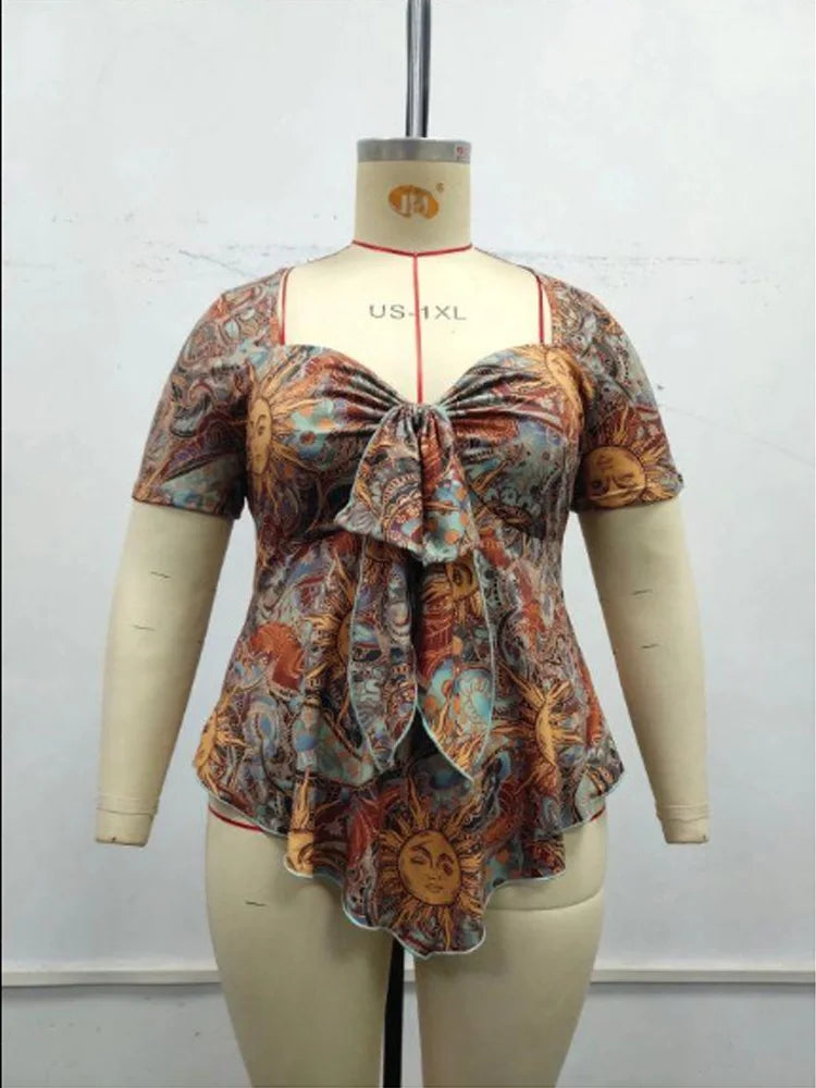 Plus Size Sweetheart Neck Knot Front Print Top Summer 2025 New Boho Casual Short Sleeve Asymmetrical Hem Blouse