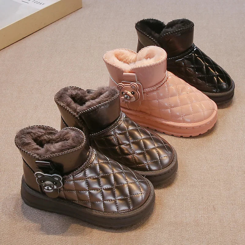 Kids Fashion Boots for Boys Girls Unisex 2024 Autumn Winter Cartoon Bear Classic Slip-on Children Thermal Snow Ankle Boots Warm