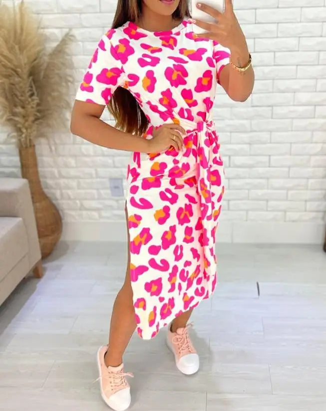 Summer Casual Sexy Elegant Dress Leopard Knotted + Slit Casual Dress. S-XL