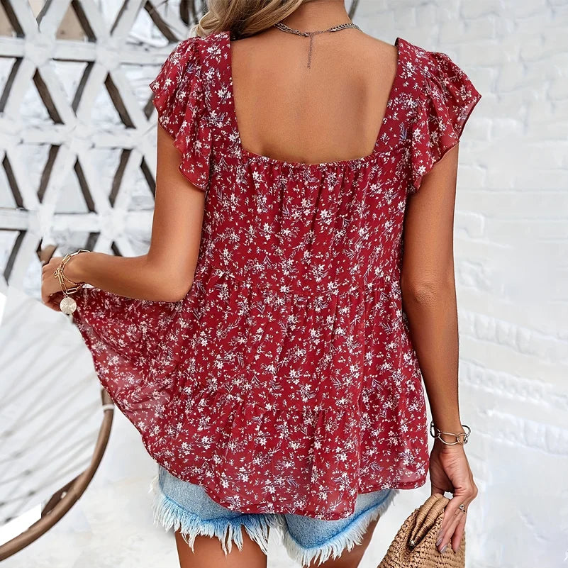 Plus Size Women's Shirts, Floral Print Square Collar Layered Shirts, Loose Fit, Suitable for Every Occasion.