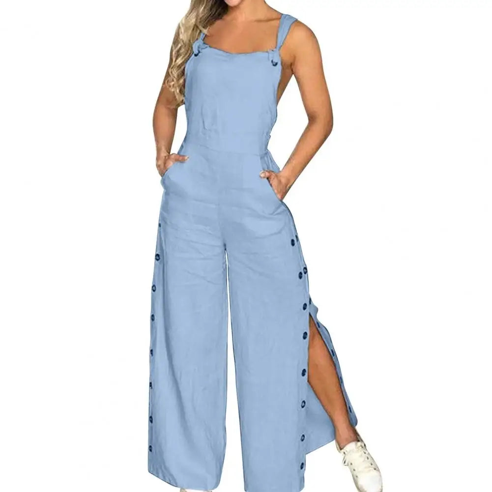 Women's Sleeveless Wide Leg Jumpsuit with Side Pockets And Button Closure Solid Colour Loose Fit Romper . S-2x
