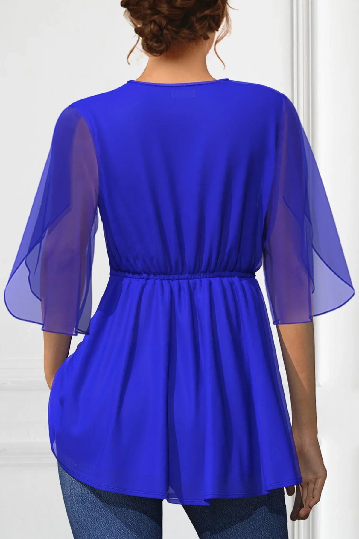 Flare Sleeve Chiffon V-neck Waist Cinched Short Sleeve Casual Blouse.