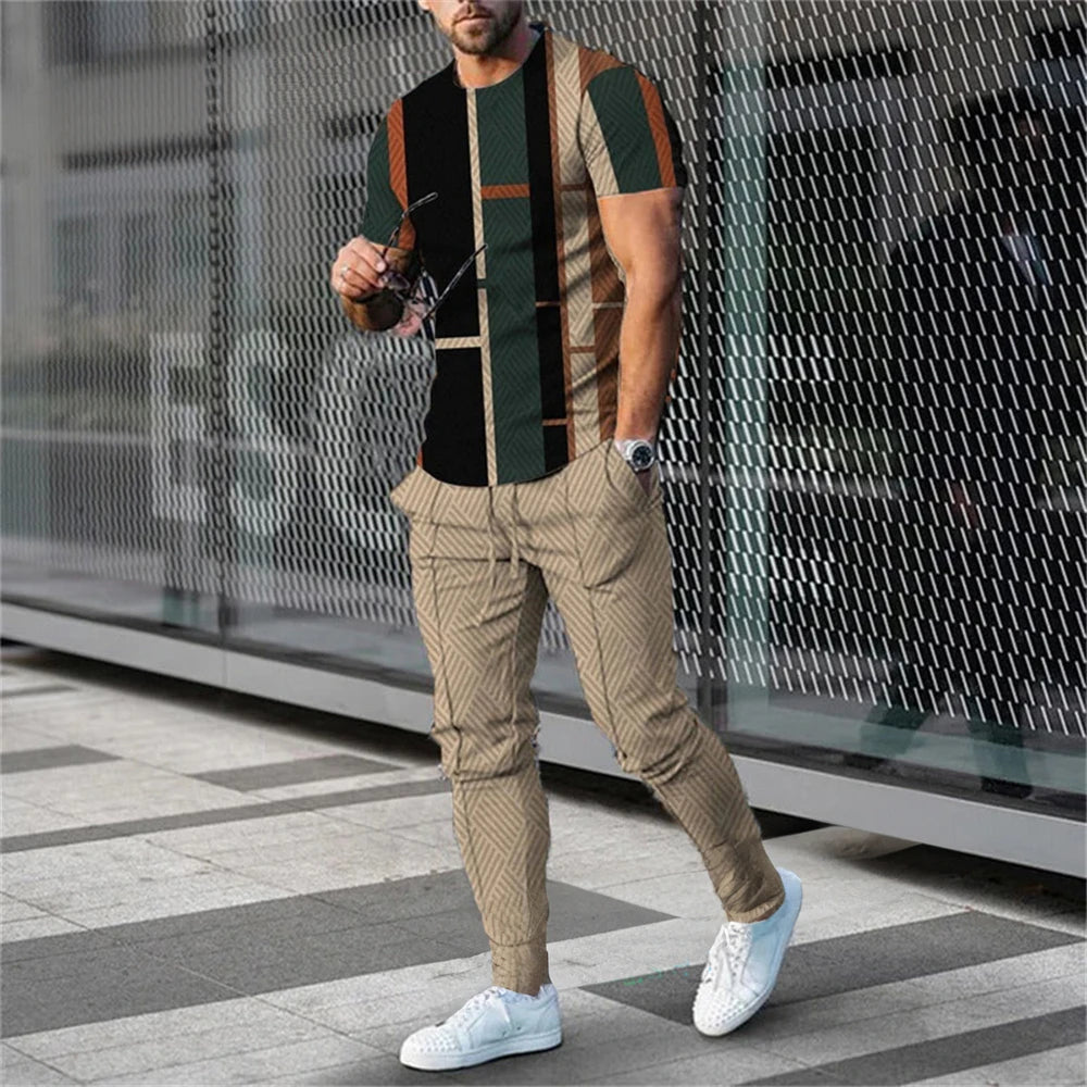 Men's 2 Piece Set Short Sleeve Sportswear Fashion Men's Clothing Trousers Casual O-Neck. M-5X Tops Pants Suit.