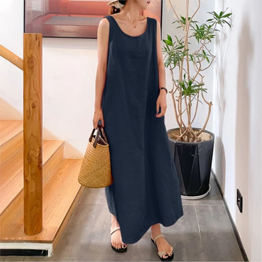 Fashion Cotton And Linen Simple Women's Long Dress Summer Casual Loose Pocket O-neck Elegant Women's Sundress. S-4X