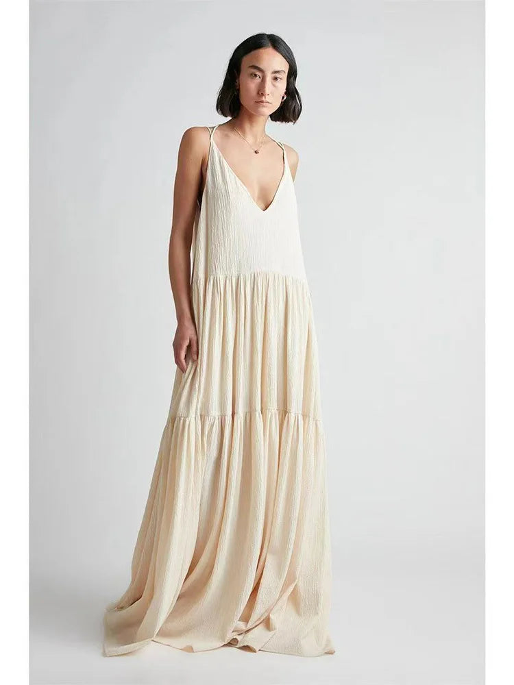 Summer Loose Dresses Casual Solid Pleat Irregular Long Spring Sexy Double V Neck Backless Hollow Dress. S-3X