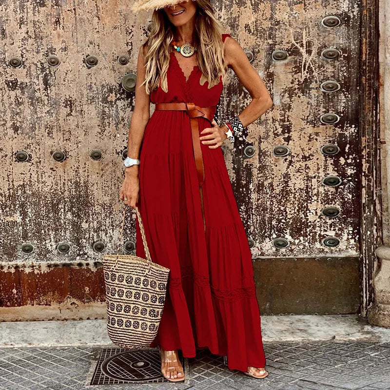 2025 Summer Bohemian Dress Sexy Lace Casual Deep V-Neck Elegant Long Dress Solid Colour Sleeveless Dress. S-3X