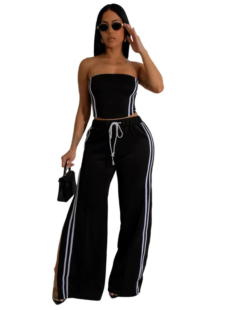 Women's Sexy Sleeveless Wide-leg Pants Two-piece Summer New Female Casual Solid Color Striped Top Long Pant Suit 2025. S-2x