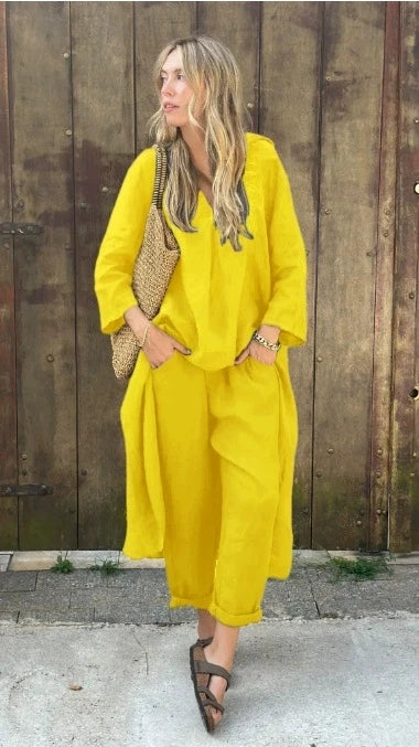 New Women's Pocket V-neck 2-piece Set Solid Loose Casual Women's Clothing Fashion Elegant Two Piece Outfits Woman. S-3X