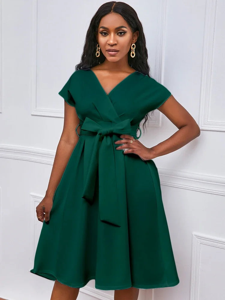 Women V Neck Dress Pleated A Line with Waist Belt Party Fashion Female African Event Occasion Prom White Celebrate Elegant Robes