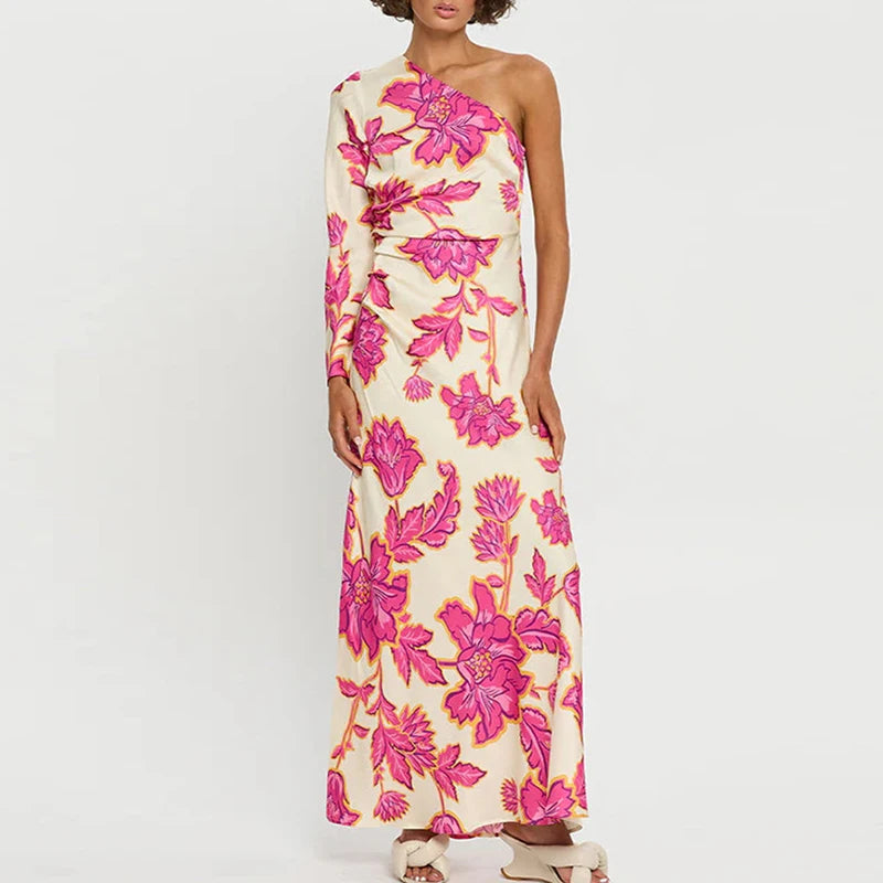 Fashion Floral Printed Holiday /Party Dress 2025 Women Elegant Long Dress Sexy One Shoulder Dress. Vestidos S-XL