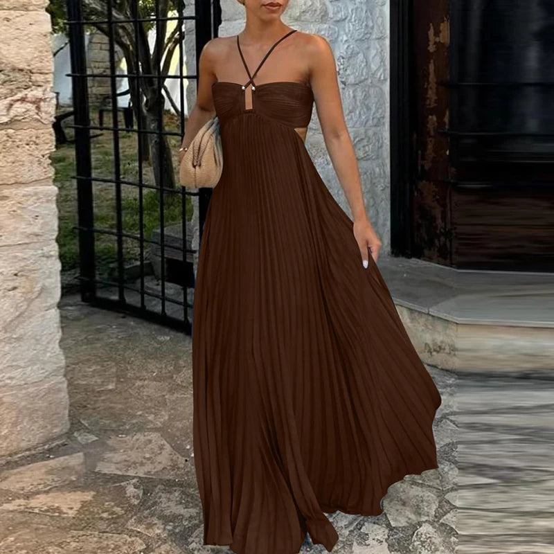 High Waist Pleats Sleeveless Solid Colour Summer Sexy Halter Party Dress. S-XL