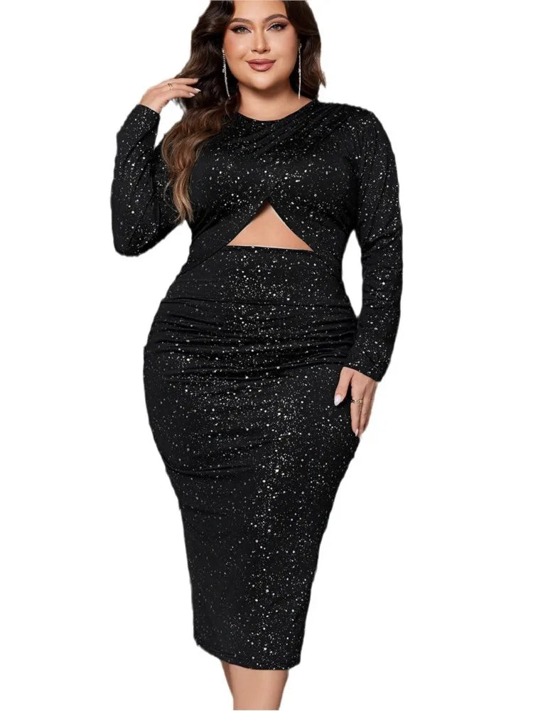 Plus Size Sexy Women Slim Bodycon Fashion Bling Hollow Out Ladies Dress