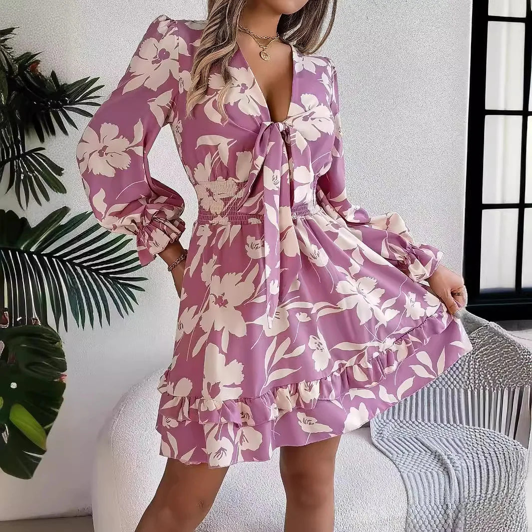 2025 Spring Summer Women's Long Sleeve Flower Printed V-neck Fashion Elegance Dress