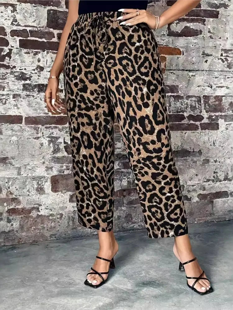 Plus Size Leopard Print Summer Elastic High Waist Women Casual Fashion Ladies Trousers Loose Pleated Pants