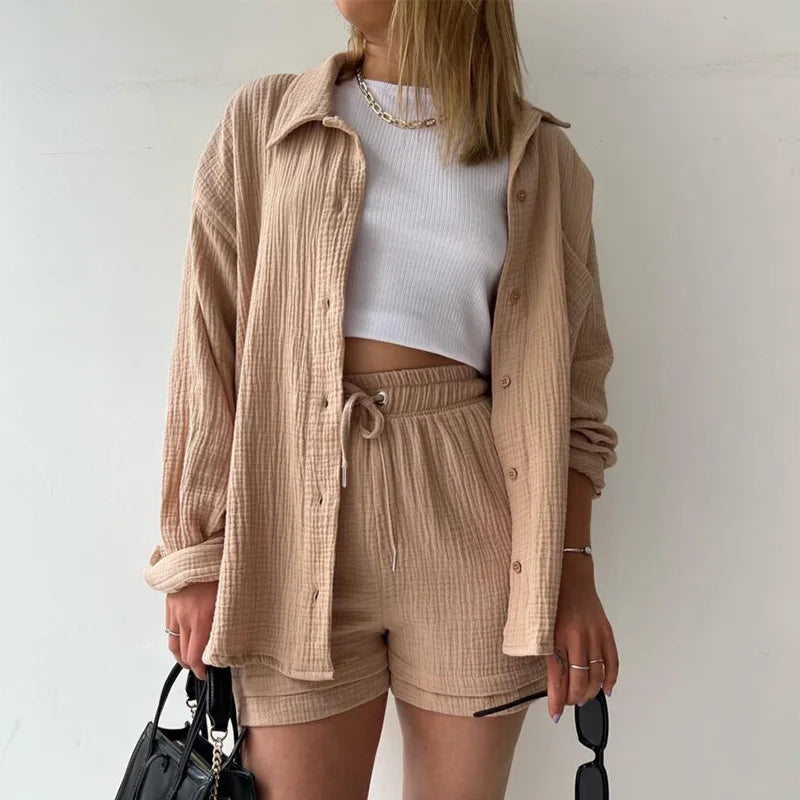 Ladies Shorts And Single Breasted Cardigan Blouse Two Piece Shorts And Loose Button Up. S-2x