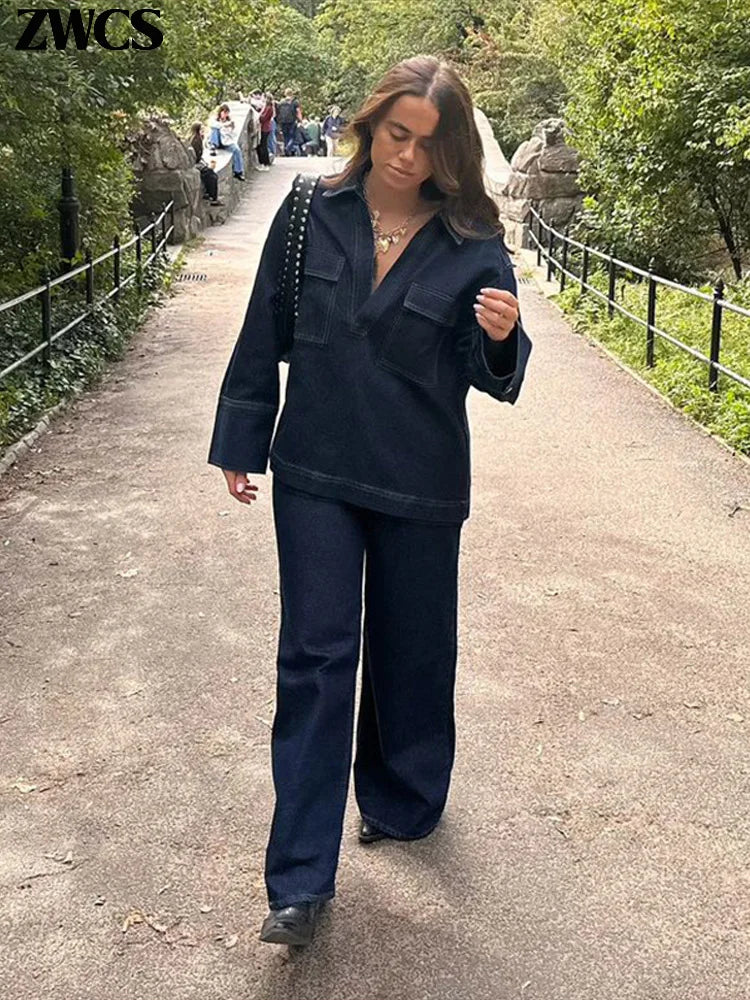 Fashion Denim Jacket Jeans Set Women Casual Lapel V-neck Full Sleeve Wide Leg Trousers 2025 New Ladies High Street Outfit