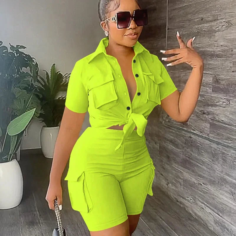 Ladies Two Piece Set For Summer, Pockets Short Sleeve Button-Up Shirt And Short Set. S-2x
