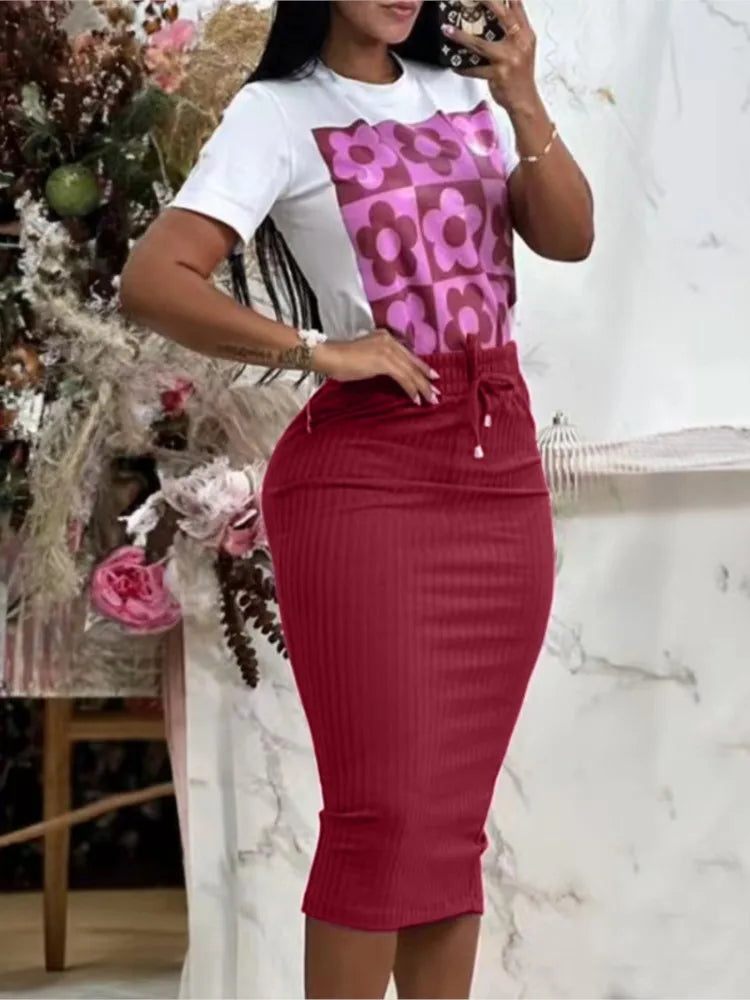 Ladies Casual Short Sleeve Two Piece Set Printed Top And Solid Skirt. S-2x