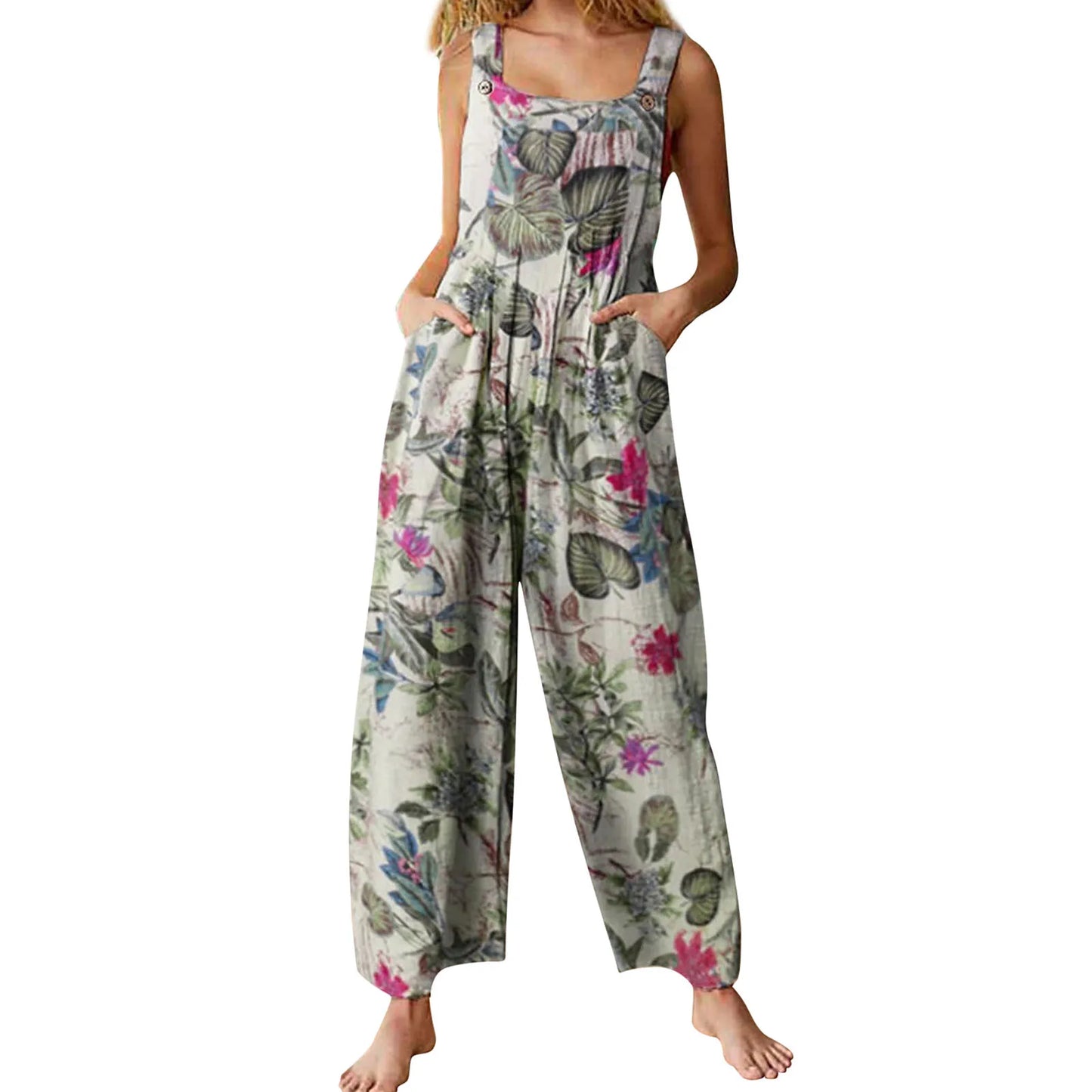 Ladies Vintage Leaf Floral Print Square Neck Sleeveless with Pockets Sizes S-5XL