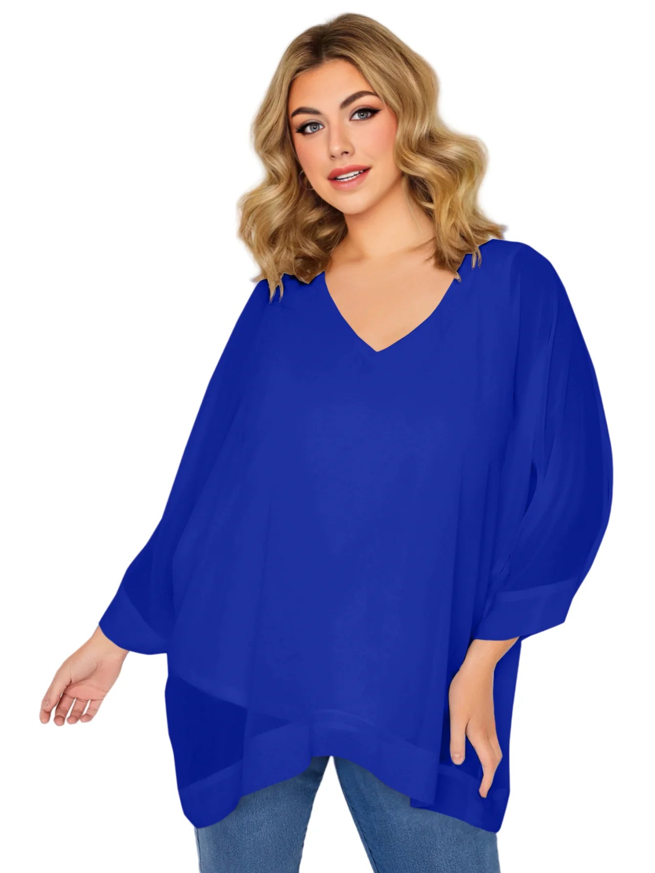 Women's Plus Size Elegant Cape Blouse V-neck Loose Oversized Flowy Casual Chiffon Blouse