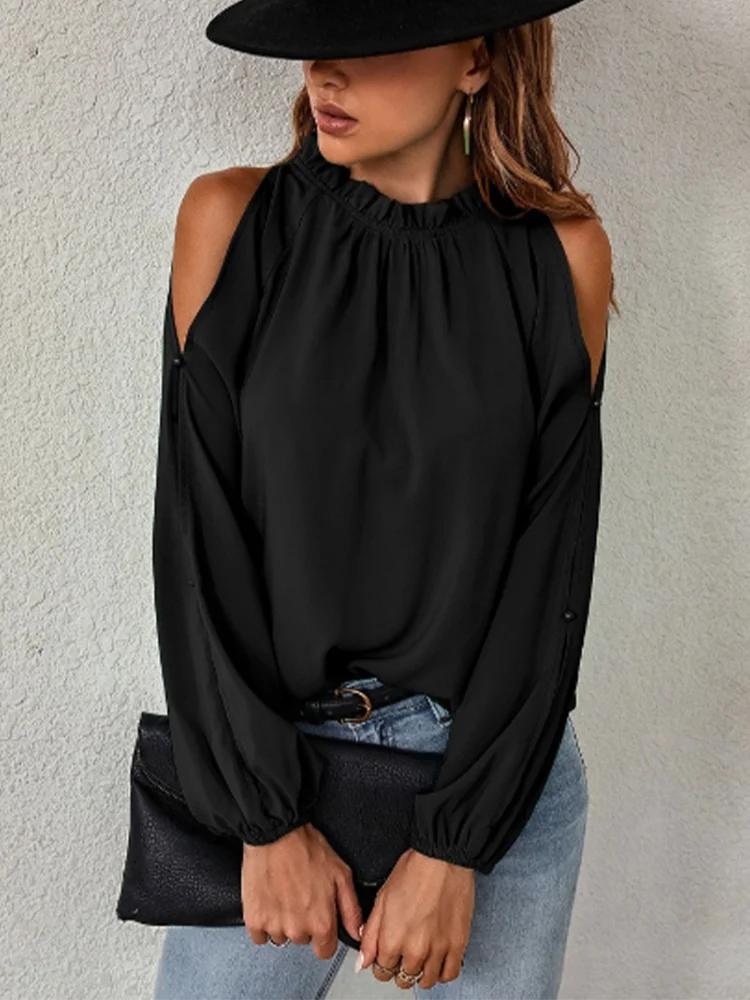 Off Shoulder Sexy Pleated Long Sleeved Solid Color Round Neck Women's Elegant Versatile Blouse