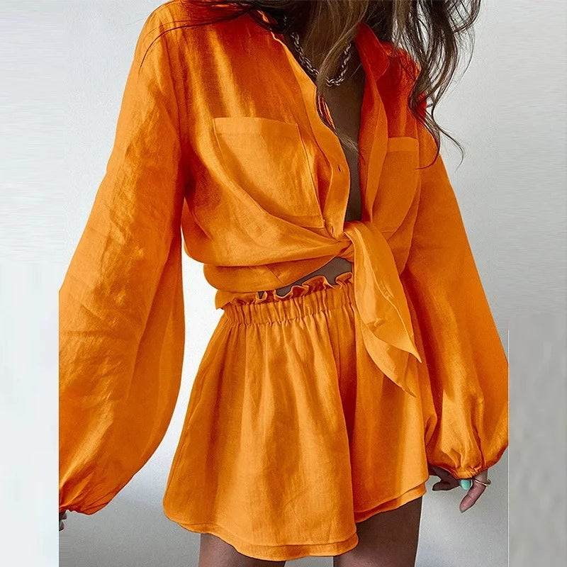 2025 Women's Summer 2-Piece Outfit Long Sleeve Button-Down Loose Blouse And Shorts Comfortable Style. S-3xL