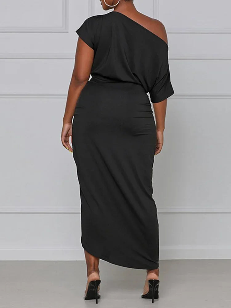 Plain Sexy Skew Neck Sheath Draped Maxi Dress Short Sleeve Party Dress. S-2X