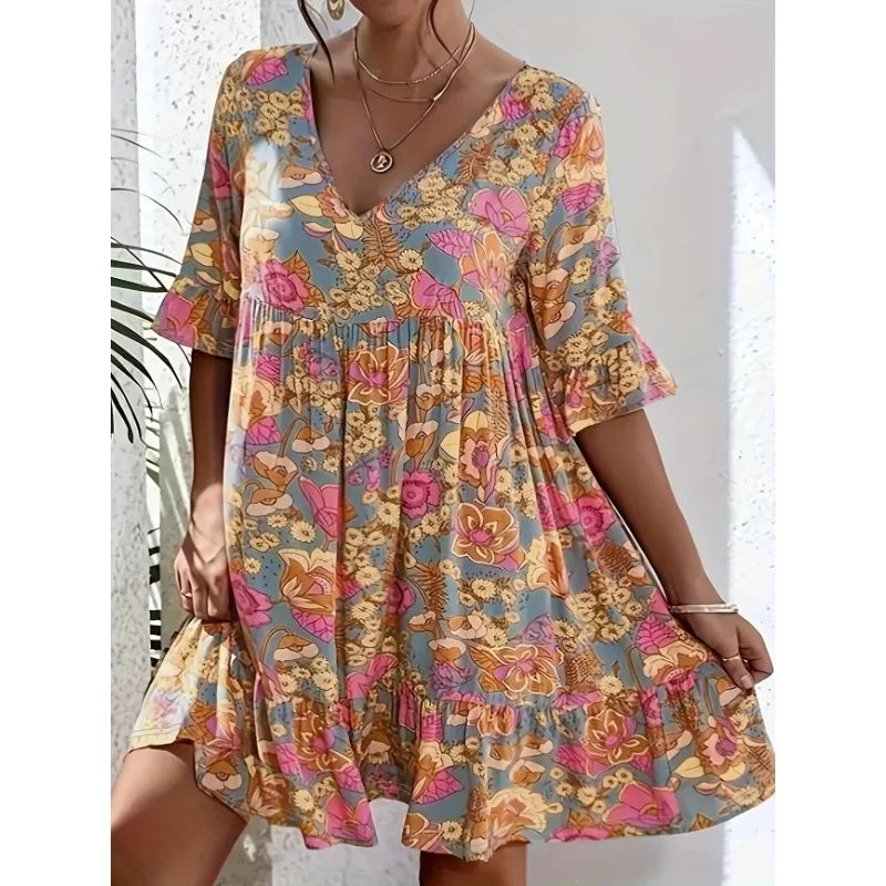 Plus Size 1XL-5XL Women's Fashionable Ruffle Sleeve V-neck Pleated Printed Casual and Comfortable Dress.